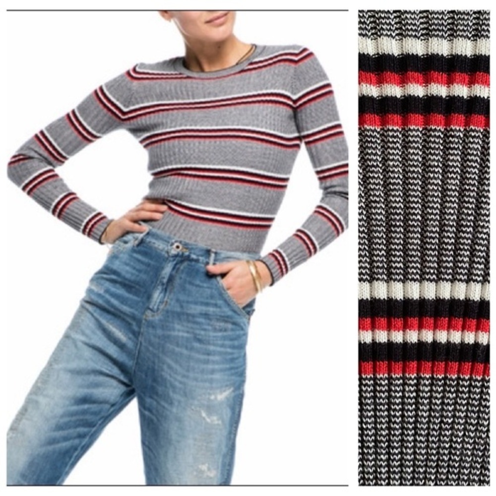 Scotch & Soda Gray Red Black Stripe Ribbed Knit Long Sleeve Top 2